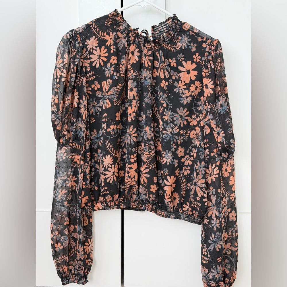 Free People Black and Orange Floral Blouse - Size: Small